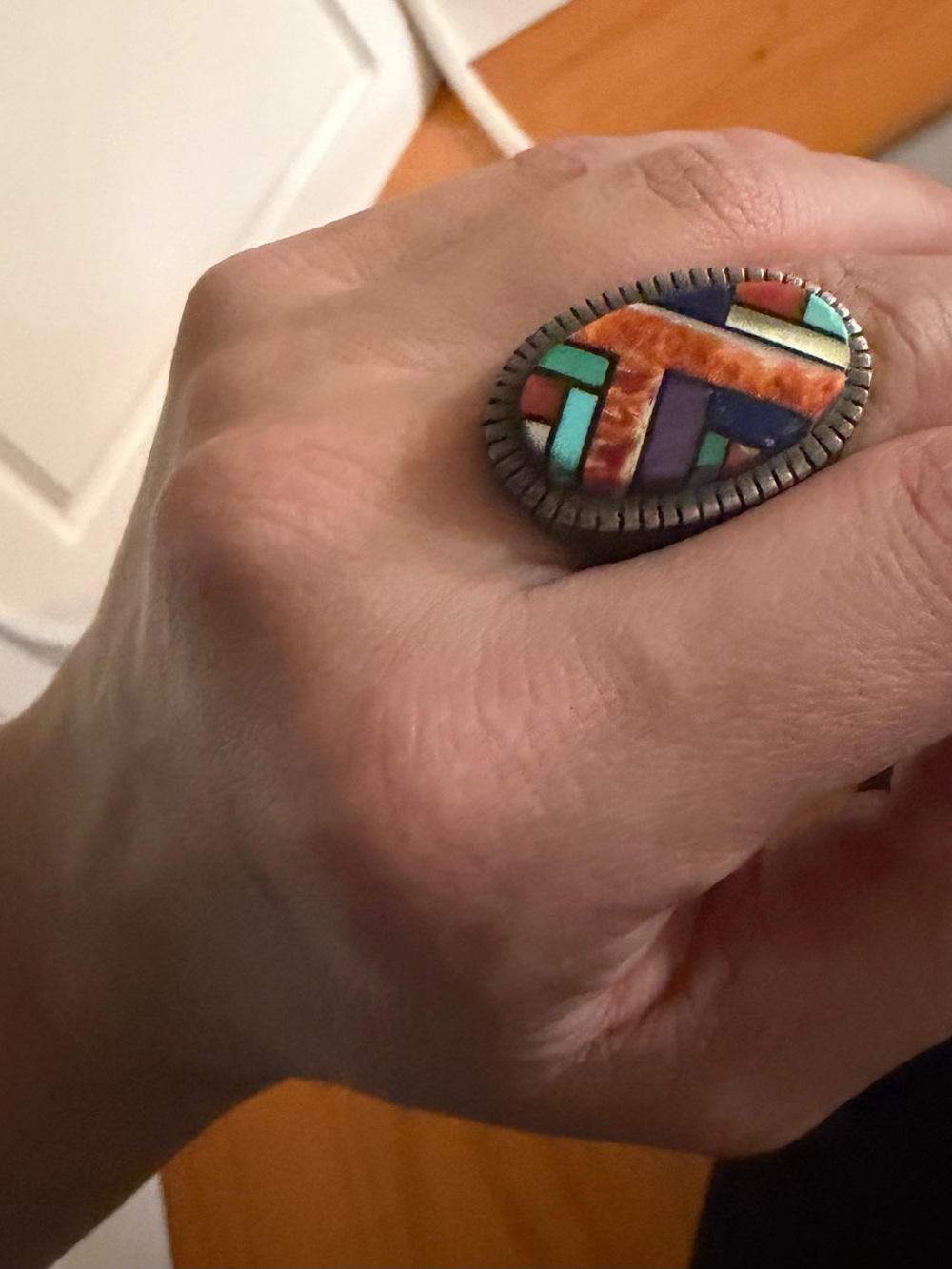 Multicolor Inlay Oval Statement Ring - Colorful Geometric Design